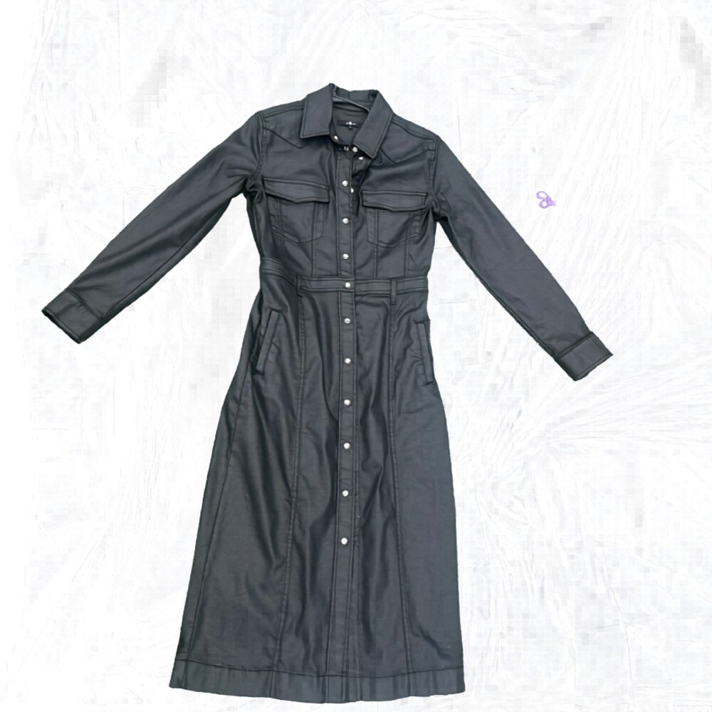 7 For All Mankind Coated Snap-Front Midi Dress Sz L Black Western - Picture 7 of 8